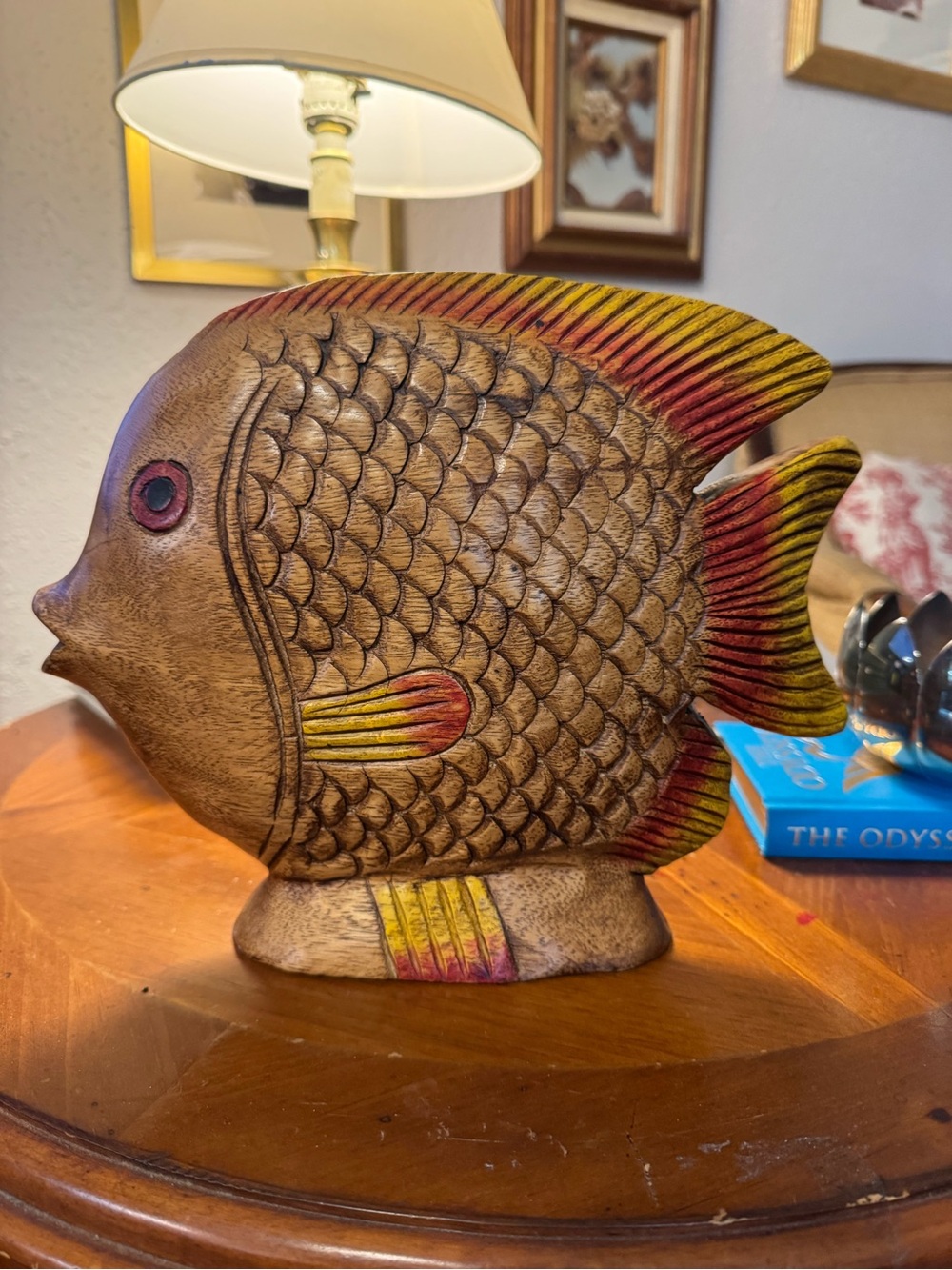 VINTAGE SOLID WOOD HAND - CARVED KOI FISH